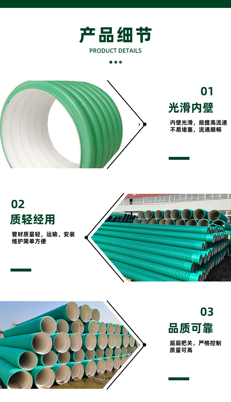 PPHM green double wall corrugated pipe, high-density polypropylene material SN8DN300, municipal drainage and sewage discharge, 6 meters/piece