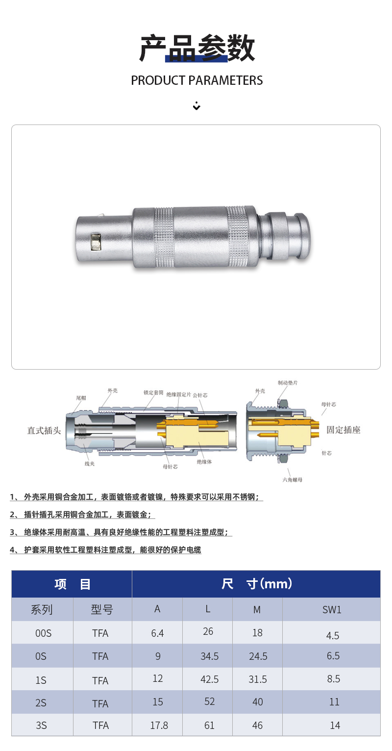 Navigation Precision TFA Standard Straight Plug with Excellent Corrosion Resistance, Multiple Colors Available for Same Color Pair Insertion