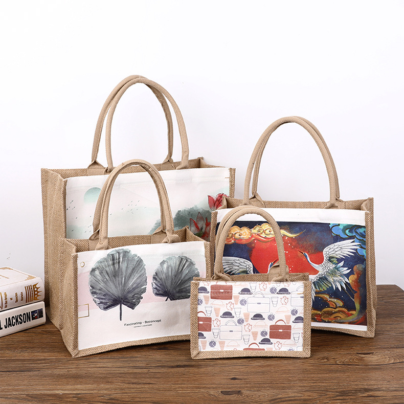 Factory direct supply of portable silk printed linen bags with large capacity for shopping, jute bags with film covering, gifts, and linen packaging bags for customization