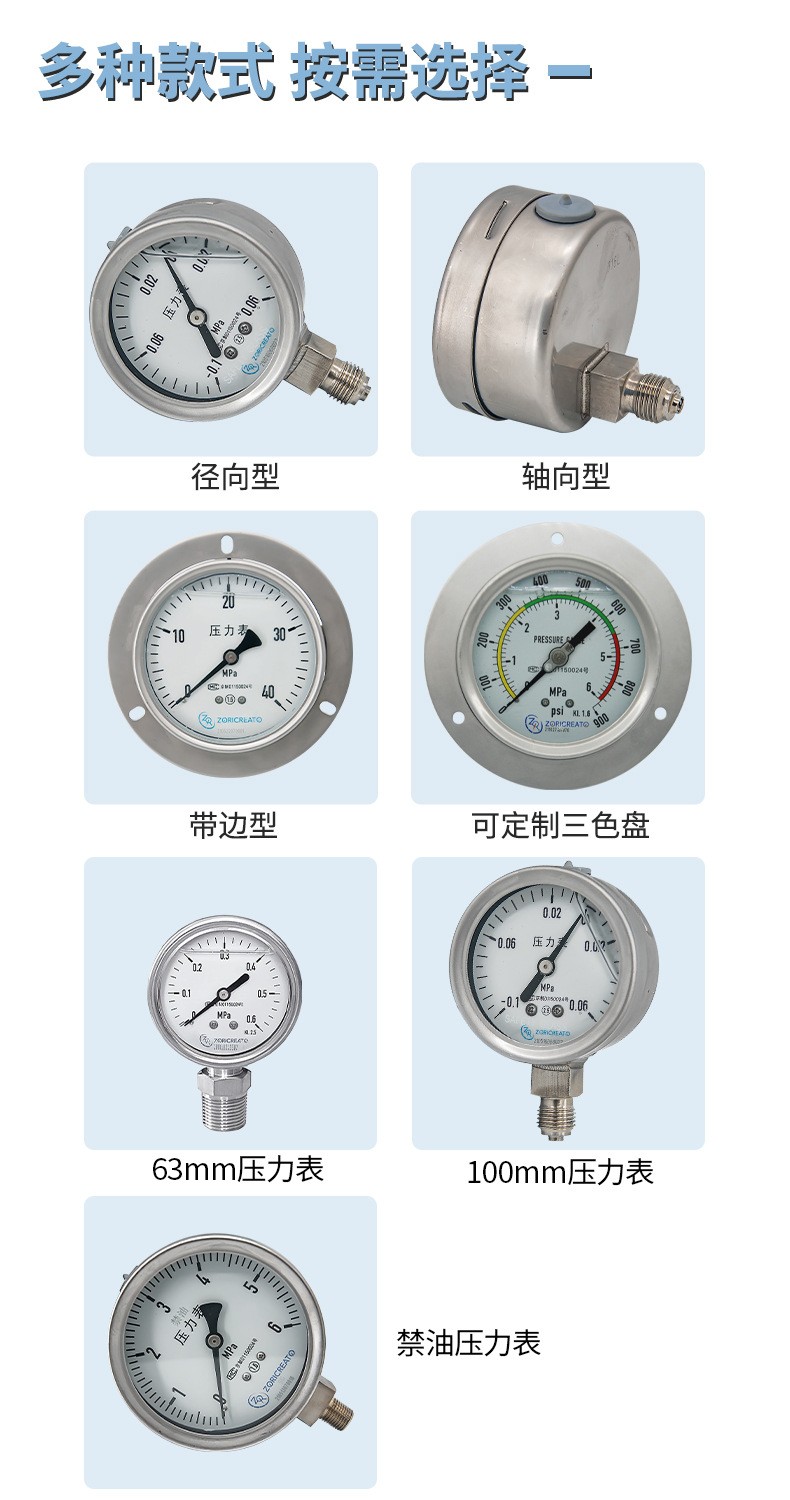 Zhuoran Tiangong all stainless steel shock proof pressure gauge Mine floor heating household air pump Water filter Wika replaces Wika