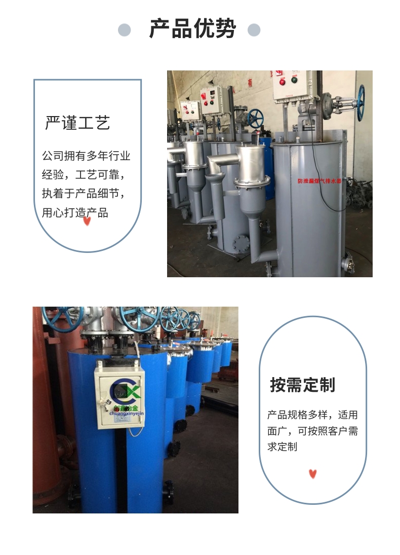 Gas overpressure protection drainage device, spot manufacturer, anti leakage condensate water dehydrator, stainless steel and carbon steel