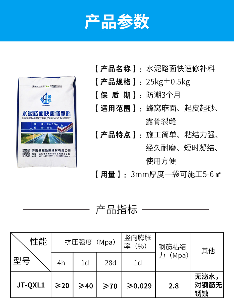 Jingcheng Cement Road Surface Repair Material High strength, fast sanding, peeling, potholes and cracks multifunctional repair material