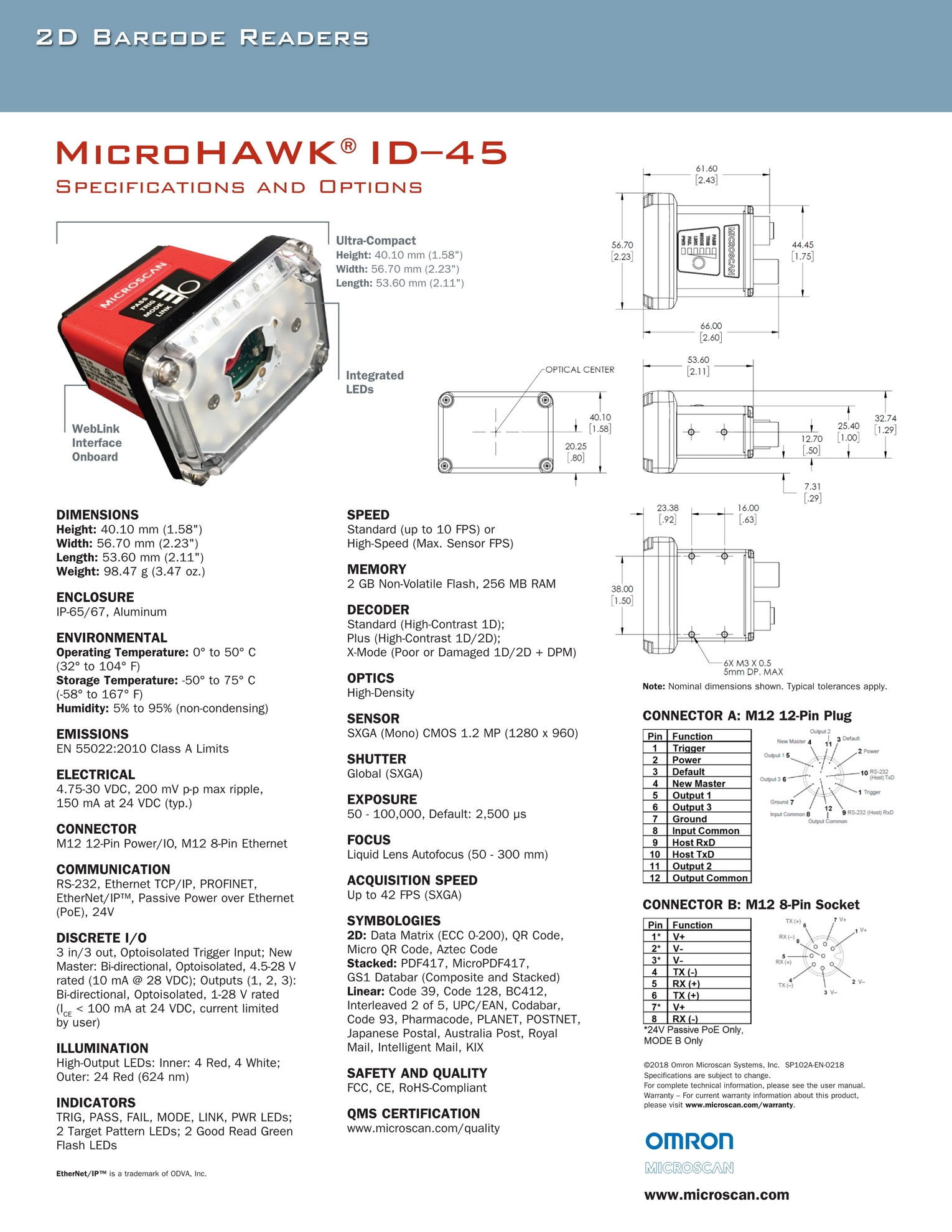 Microscan Micro Hawk ID-45 7432-2000-1005 Industrial High Speed DPM Code Scanner