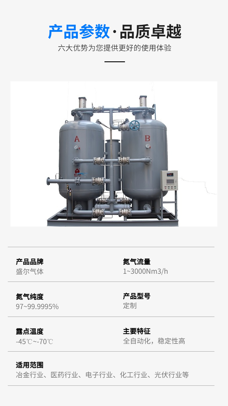 Shenger Gas Nitrogen Generator Manufacturer's 500 cubic meter nitrogen production equipment, imported valve accessories, long service life, stable performance