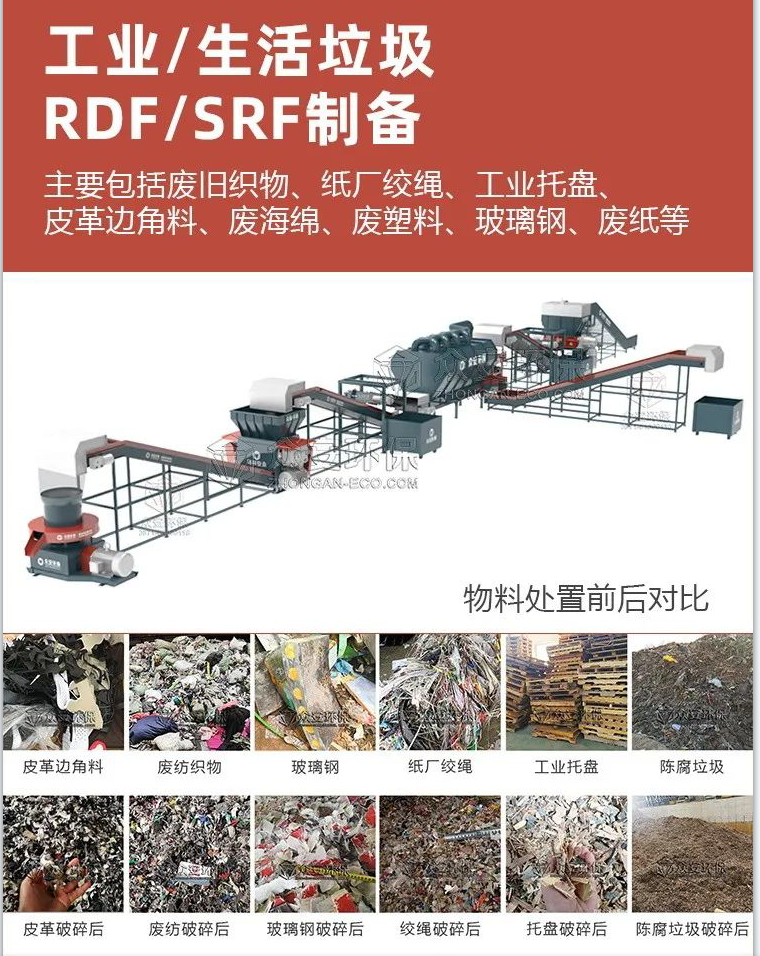Industrial solid waste shredder sorting machine RDF briquetting machine Textile fabric crushing preparation SRF fuel production line
