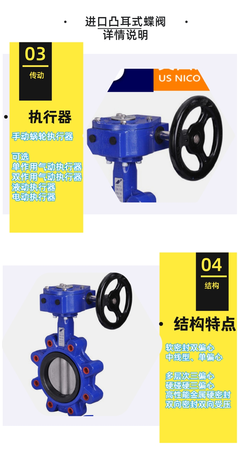 NICO imported American standard lug butterfly valve, pneumatic wafer type manual worm gear handle, American Nico brand