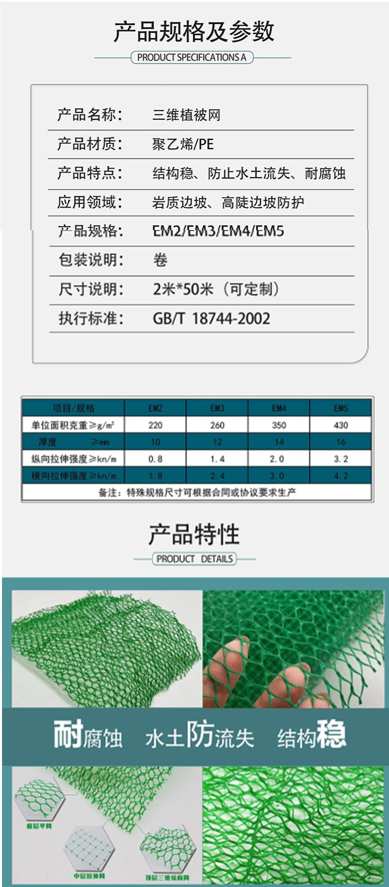 Tenglu Road Slope Spraying Greening 3D Vegetation Net Manufacturer Green Plastic Geonet Pad EM3