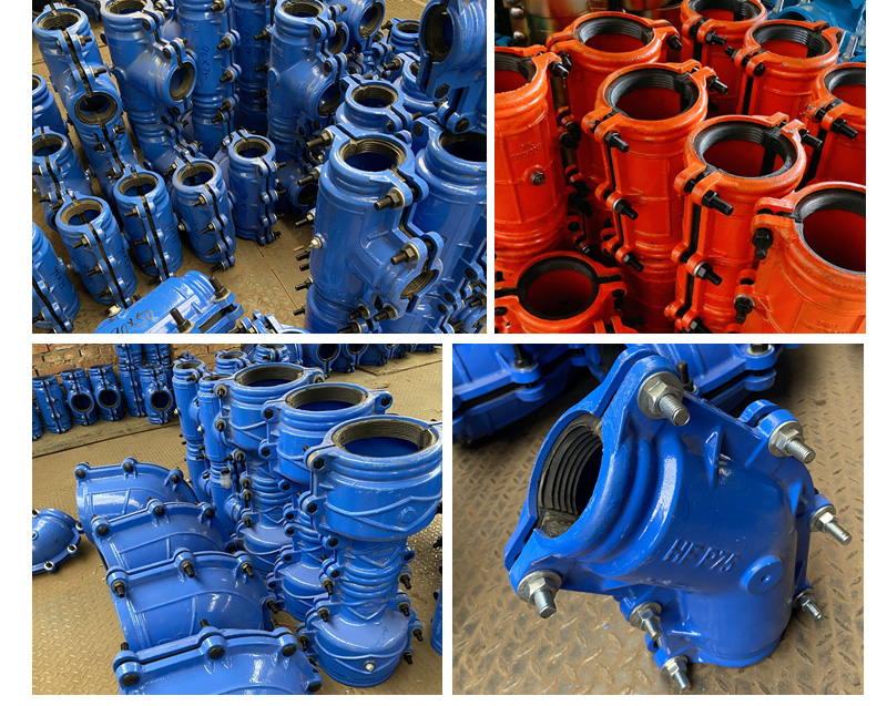 Large supply of water pipe leak stoppers, ductile iron pipes with socket and spigot joints, welded steel plate leak stoppers