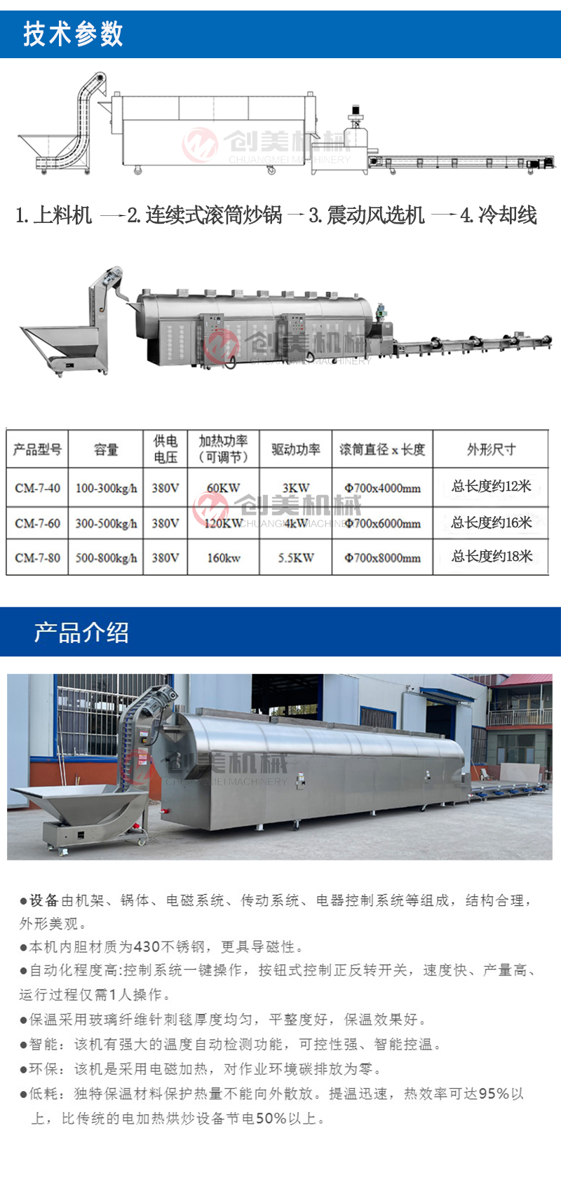 Large electromagnetic heating drum type fryer, fully automatic intelligent fryer, cashew nut, melon seed, and peanut frying equipment