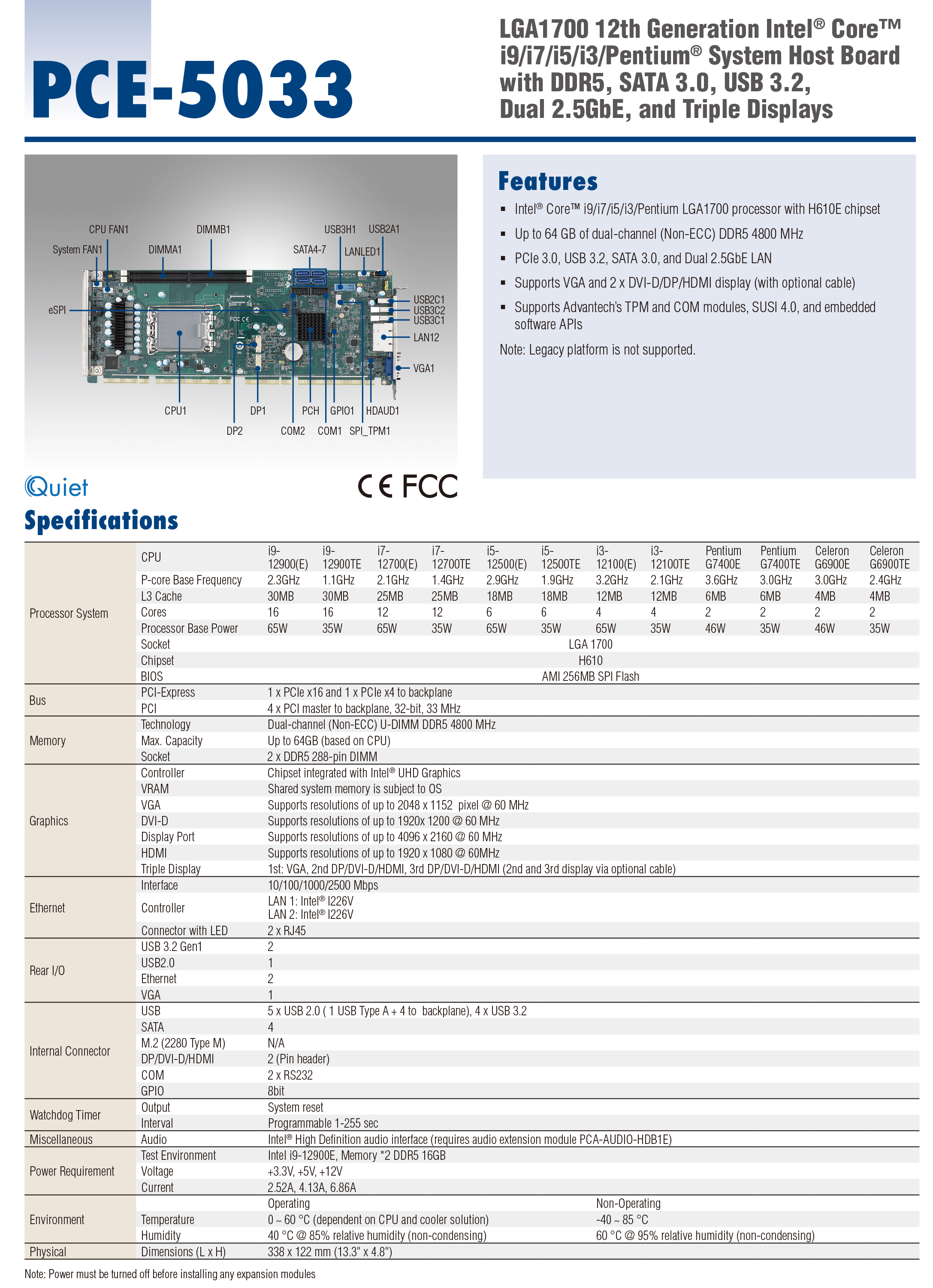 PCE-5033G2 Advantech motherboard industrial long card H610E chip 12th generation CPU/2LAN/VGA/2COM/USB