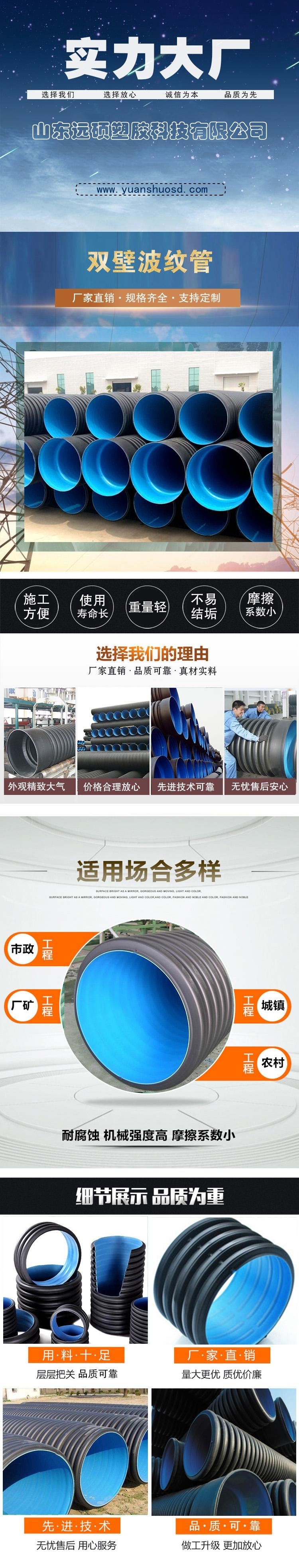 Polyethylene PE double wall corrugated pipe DN400mm SN8 standard diameter with good toughness