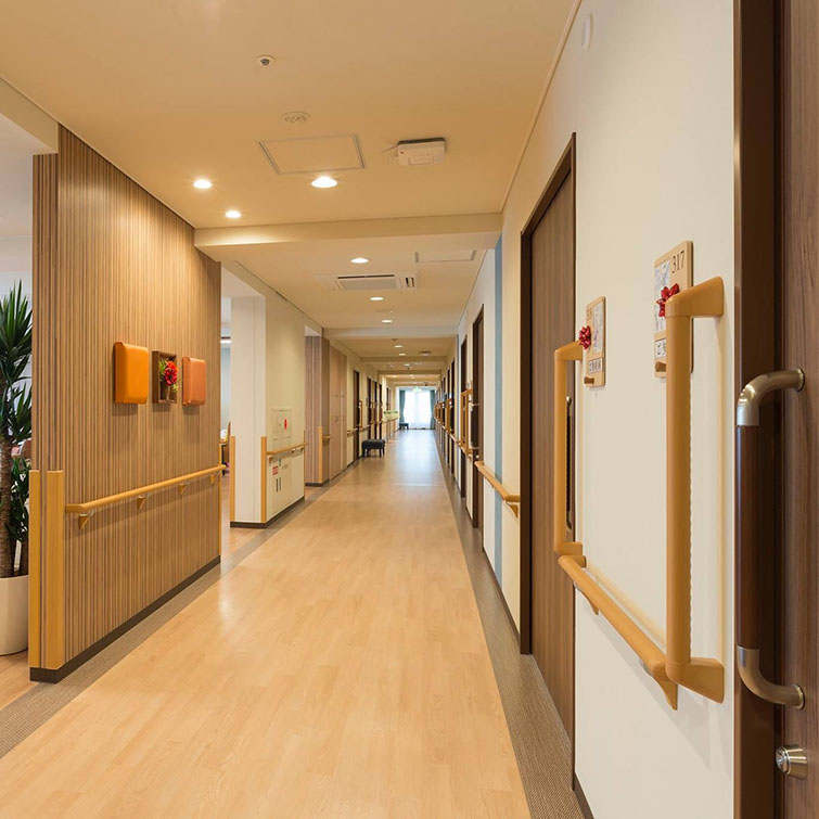 Japan NAKA nursing home corridor handrail wall resin wood grain color aisle door entrance and exit handrail