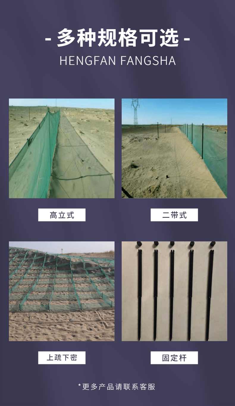 Hengfan produces a 1.5-meter-high green sand barrier with two belt reinforcement bars for vertical sand prevention nets