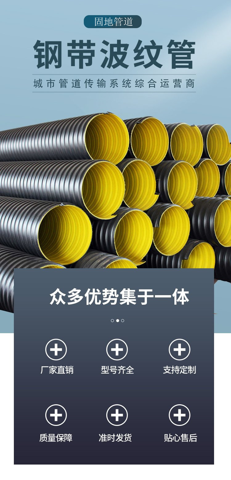 HDPE steel strip reinforced spiral corrugated pipe, large diameter polyethylene buried underground water pipe, ground support customization