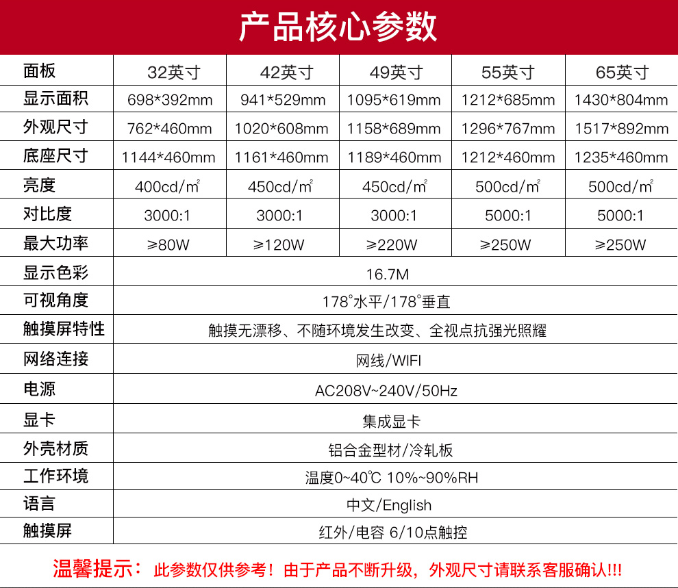 Horizontal advertising machine touch all-in-one machine 55 inches 1282 * 757mm I3/I5/I7 configuration touch screen