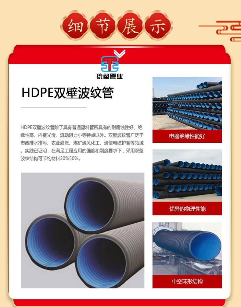 HDPE double wall corrugated pipe SN48 hollow wall double high reinforcement winding combined plastic large diameter 300 steel strip reinforced spiral