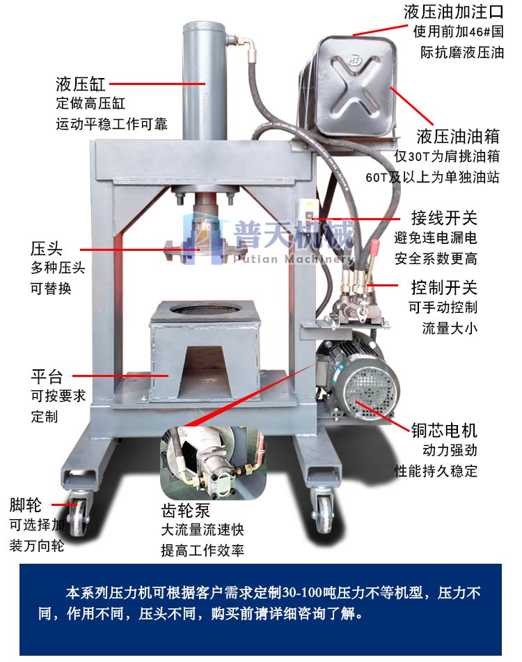 Putian hydraulic press equipment manufacturer 30 tons 60 tons 100 tons press machine motor disassembly hydraulic press